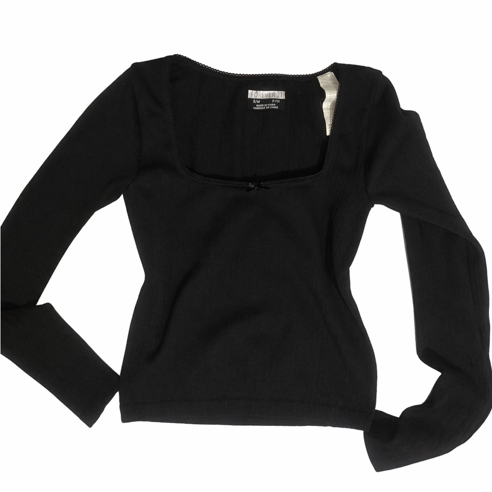 Forever 21 Black Ribbed Square Neck Long Sleeve Top with Bow